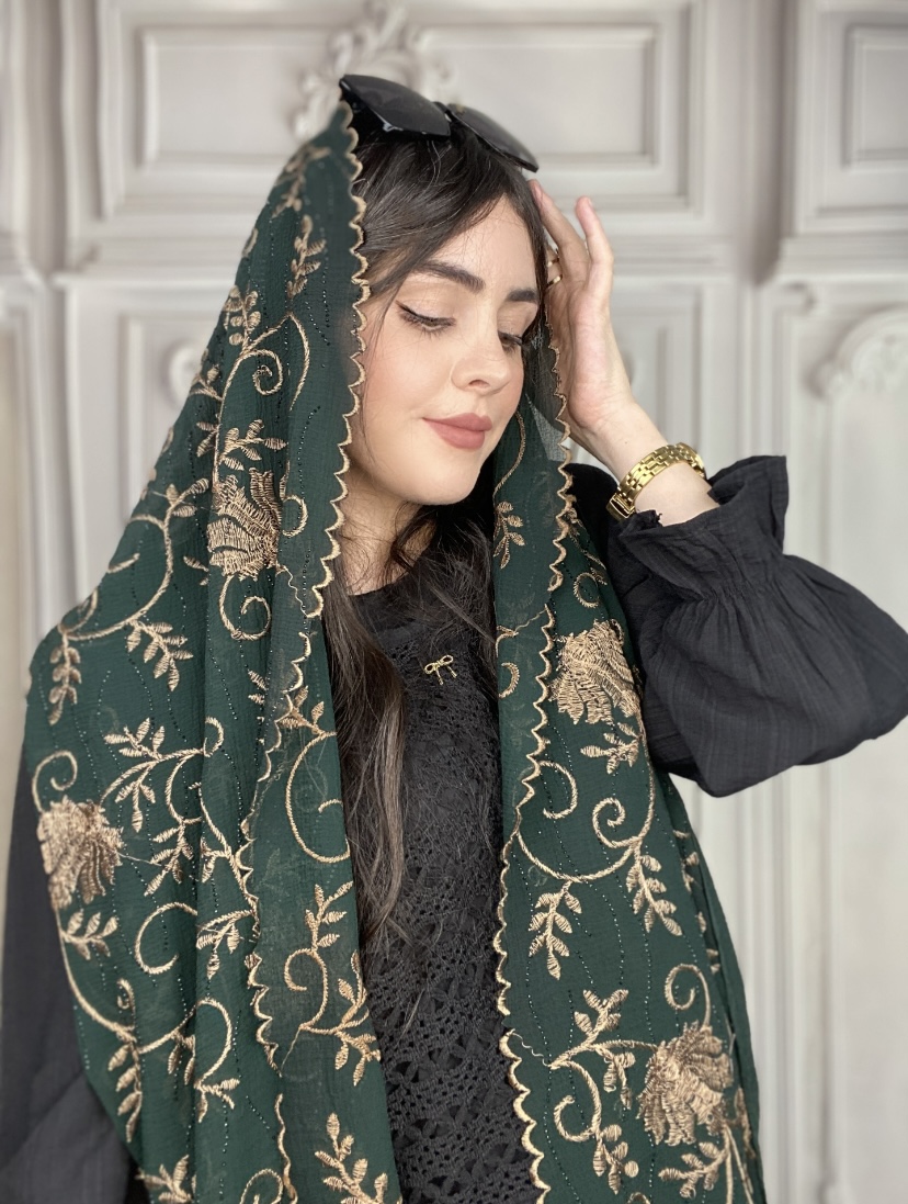 شال مجلسی گلدوزی نگین کوب سبز