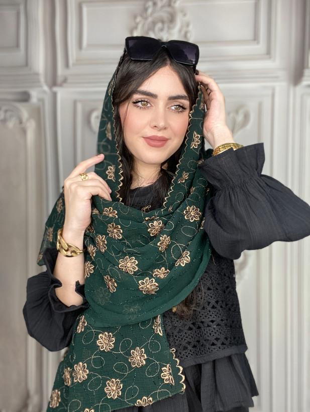 شال مجلسی گلدوزی نگین کوب سبز
